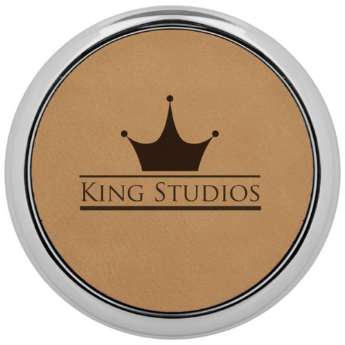 Round Light Brown Leatherette Coaster with Silver Edge