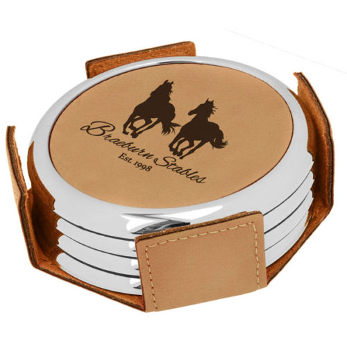 Round Light Brown Leatherette with Silver Edge 4-Coaster Set