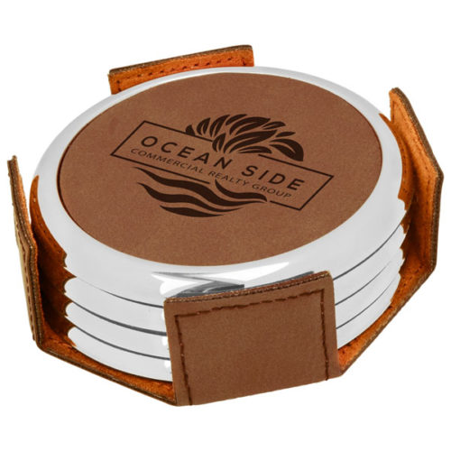 Round Dark Brown Leatherette with Silver Edge 4-Coaster Set