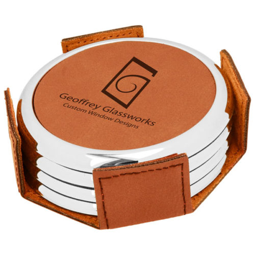 Round Rawhide Leatherette with Silver Edge 4-Coaster Set