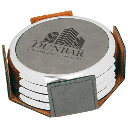 Round Gray Leatherette with Silver Edge 4-Coaster Set