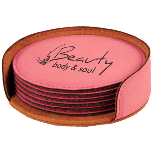 Round Pink Leatherette 6-Coaster Set