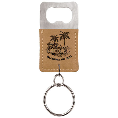 Light Brown Leatherette Rectangle Bottle Opener Keychain