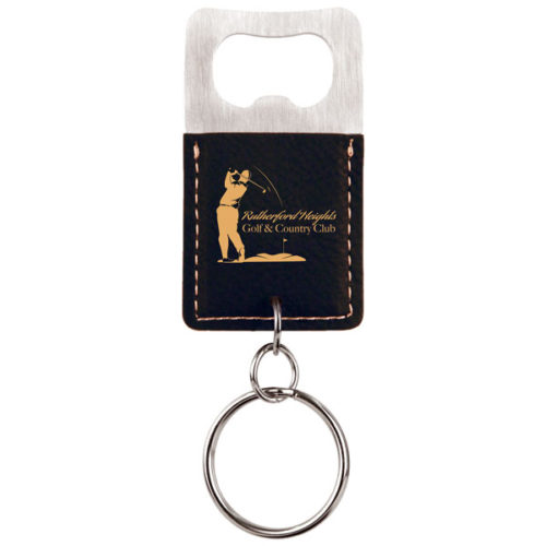 Black & Gold Leatherette Rectangle Bottle Opener Keychain