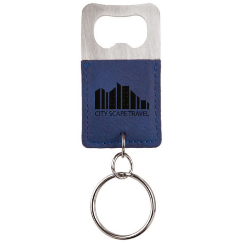 Blue Leatherette Rectangle Bottle Opener Keychain
