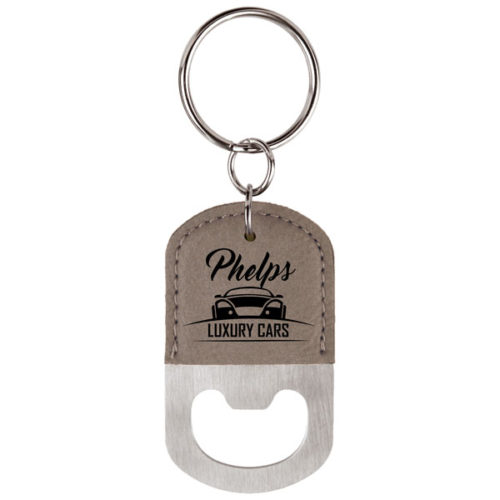 Gray Leatherette Oval Bottle Opener Keychain