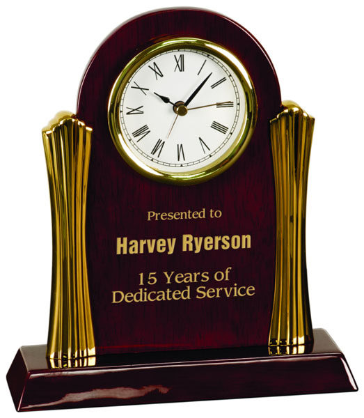 Rosewood Piano Finish Desk Clock with Gold Metal Columns