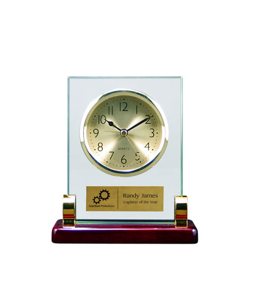 Rectangle Glass Clock with Posts & Rosewood Piano Finish