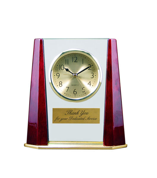Glass Clock with Rosewood Finish Bevel Columns