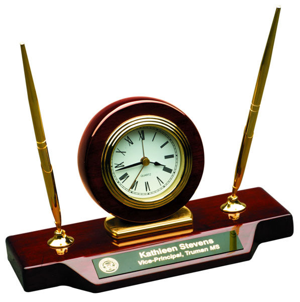 Roswewood Piano Finish Desk Clock with 2 Pens