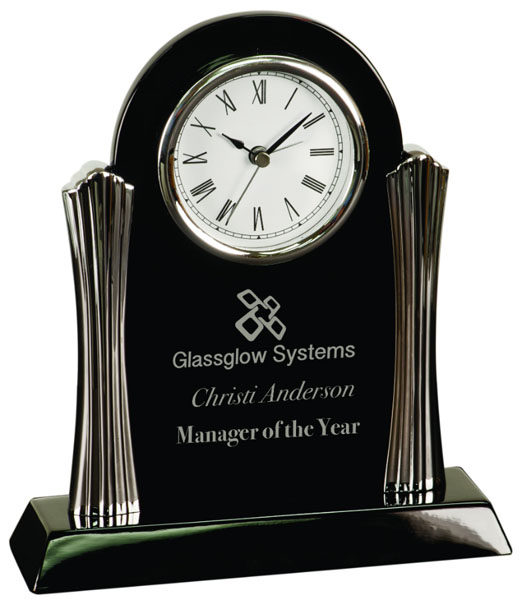 Black Piano Finish Desk Clock with Silver Columns