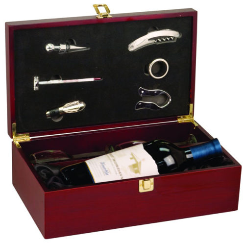 Rosewood Finish Single Wine Box with Tools & 2 Wine Glasses