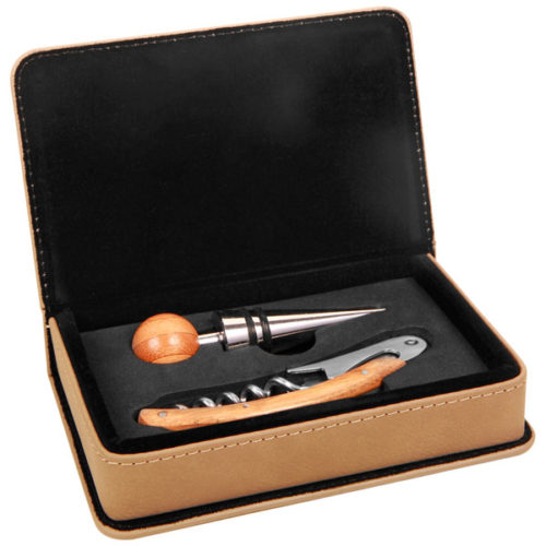 Light Brown Leatherette 2-Piece Wine Tool Set