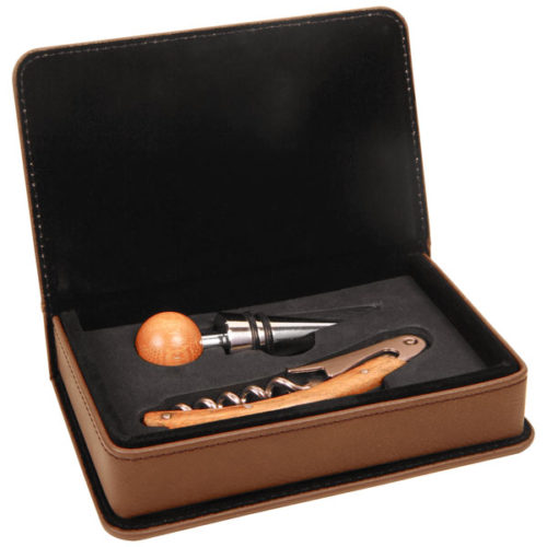 Dark Brown Leatherette 2-Piece Wine Tool Set