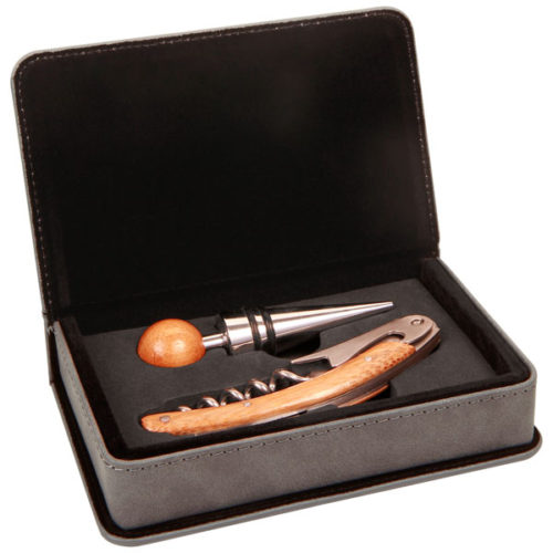 Gray Leatherette 2-Piece Wine Tool Set