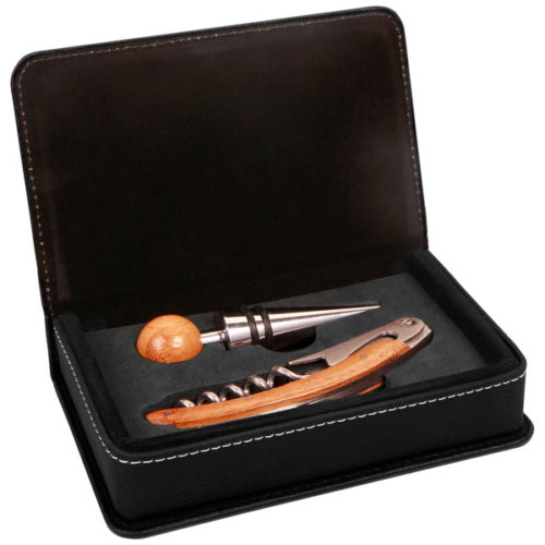 Black & Silver Leatherette 2-Piece Wine Tool Set