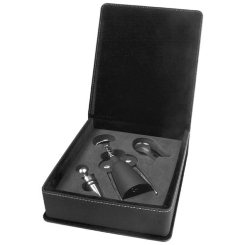 Black & Silver Leatherette 3-Piece Wine Tool Set