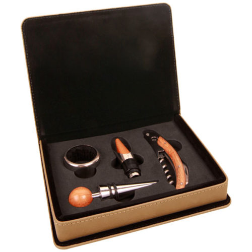 Light Brown Leatherette 4-Piece Wine Tool Set