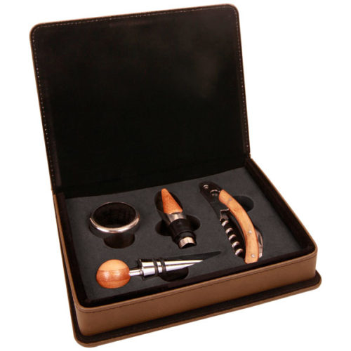 Dark Brown Leatherette 4-Piece Wine Tool Set