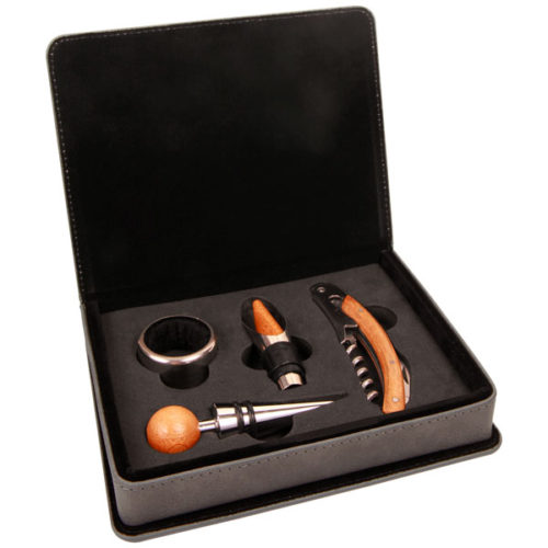 Gray Leatherette 4-Piece Wine Tool Set