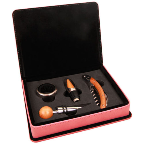Pink Leatherette 4-Piece Wine Tool Set
