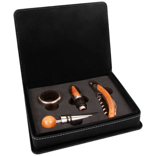 Black & Silver Leatherette 4-Piece Wine Tool Set