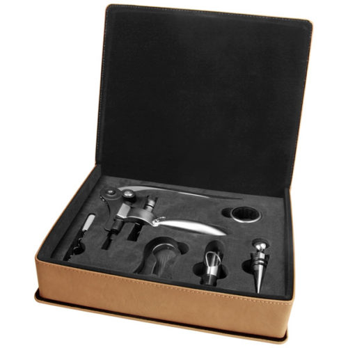 Light Brown Leatherette 5-Piece Wine Tool Set