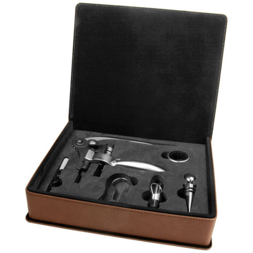 Dark Brown Leatherette 5-Piece Wine Tool Set