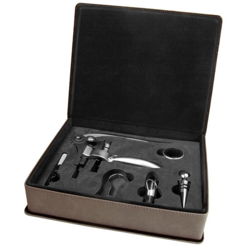 Gray Leatherette 5-Piece Wine Tool Set