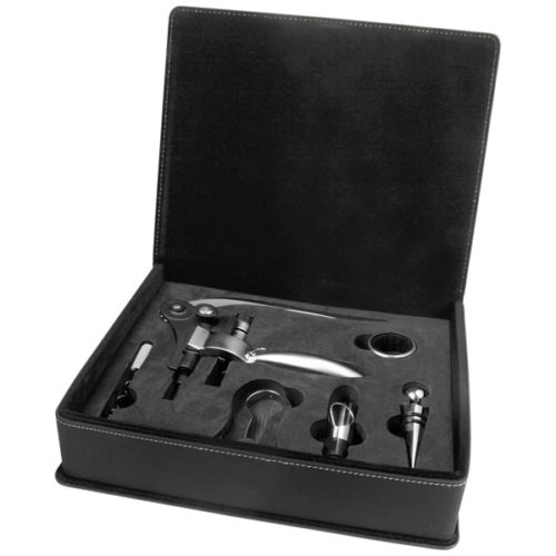 Black & Silver Leatherette 5-Piece Wine Tool Set